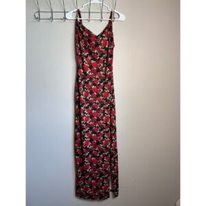 SHEIN Floral Cowl Neck Maxi Dress Red Rose Print Thigh Slit Romantic Date Night